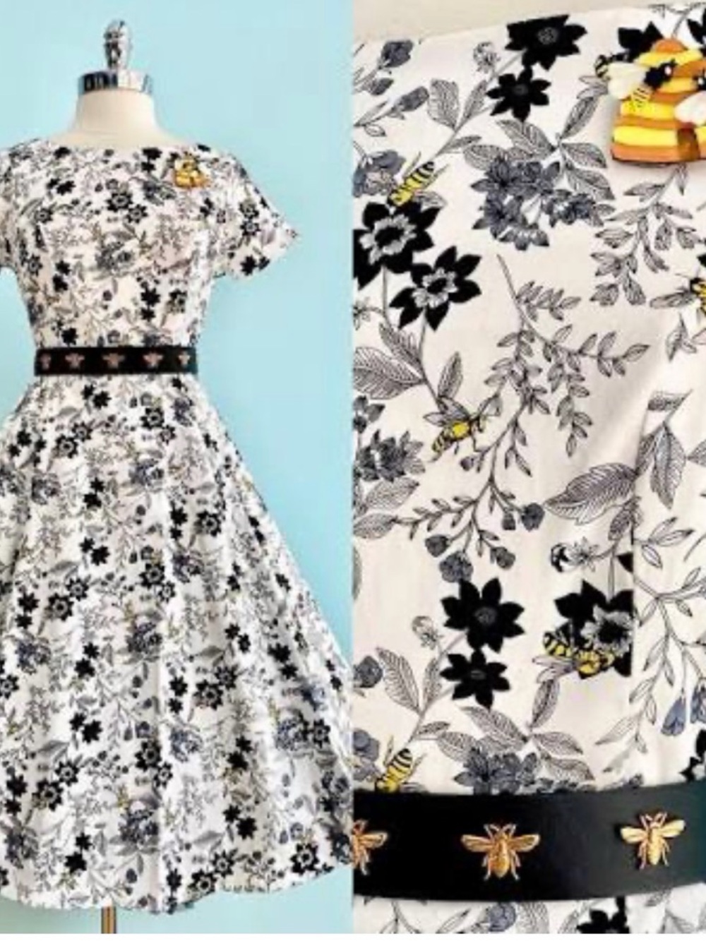 Eva Rose Bee Vintage-Inspired Black & White Floral Fit-and-Flare Dress